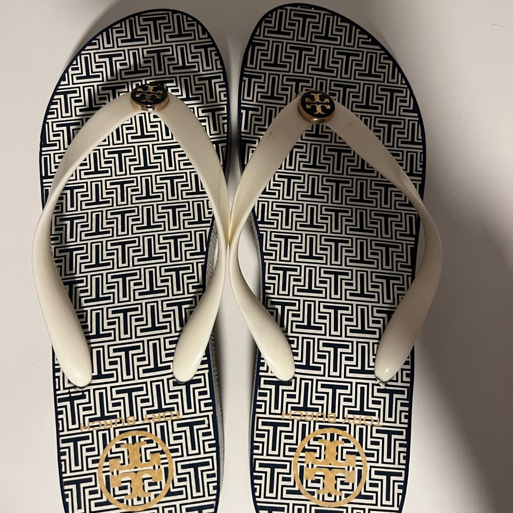 Tory Burch White and Gold Flip Flops
